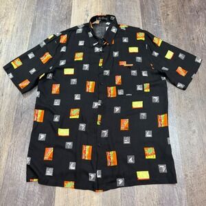 Alan Stuart Button Down Short Sleeve Shirt Men Large Black Rayon Vintage USA